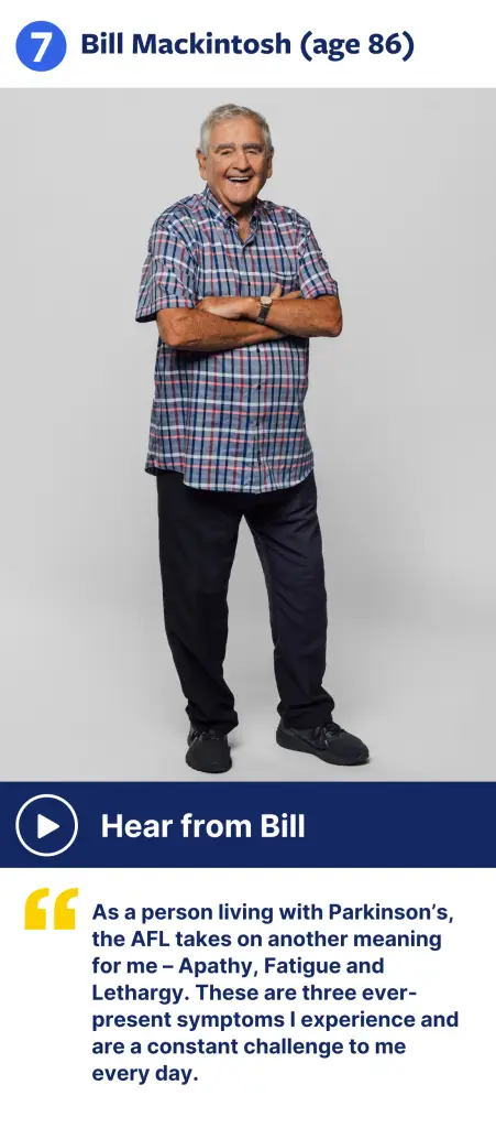 Bill Mackintosh, age 86, posing in front of a white background for the Lift the Lid Off Parkinson's Campaign