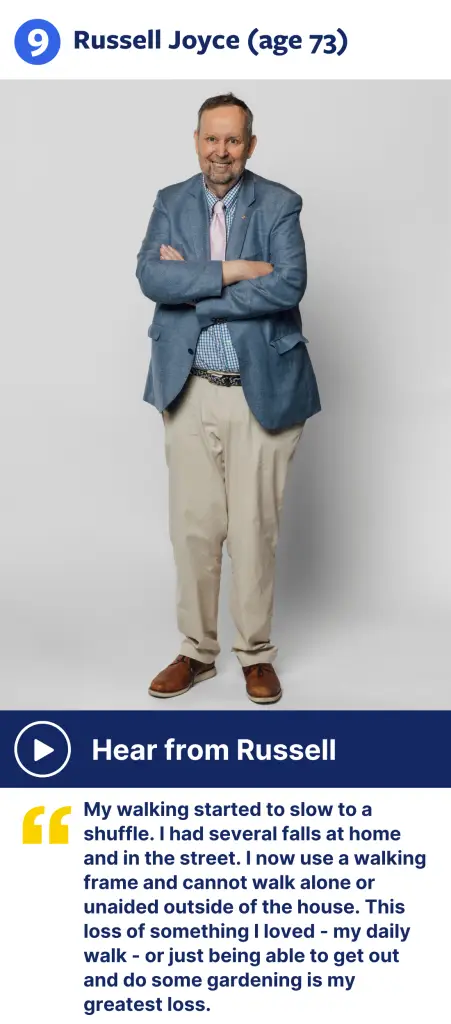 Russell Joyce, age 73, posing in front of a white background for the Lift the Lid Off Parkinson's Campaign