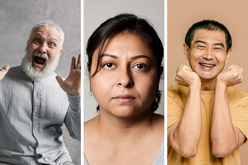 Three photos of people depicting hypomimia