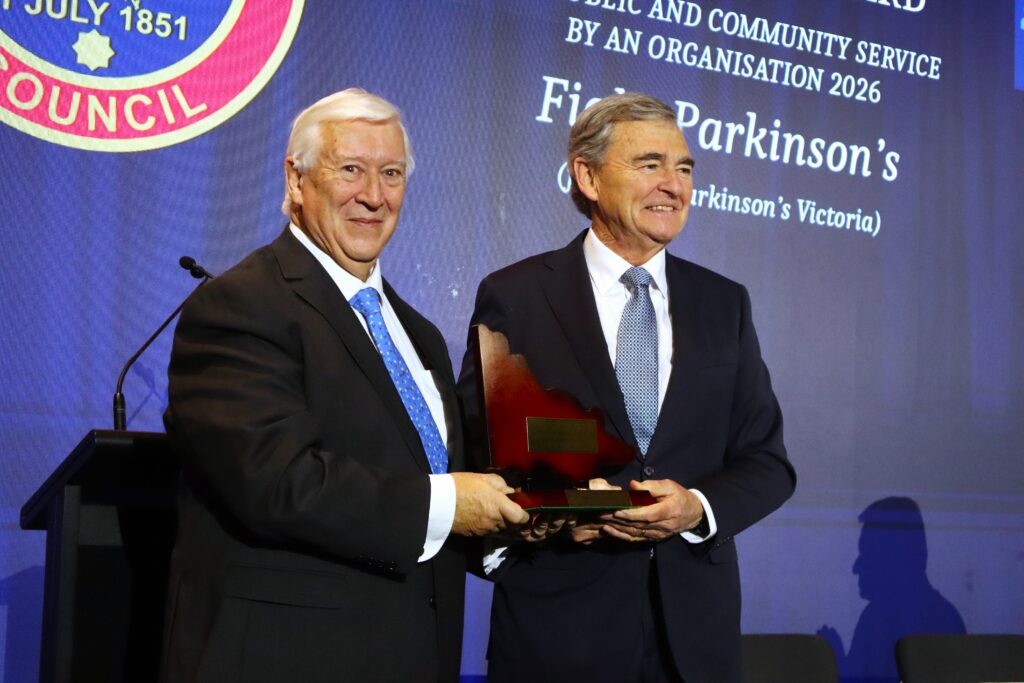 Philip Thomas, Fight Parkinson’s Board Chair accepting the 2026 Victoria Day Award for Community and Public Service